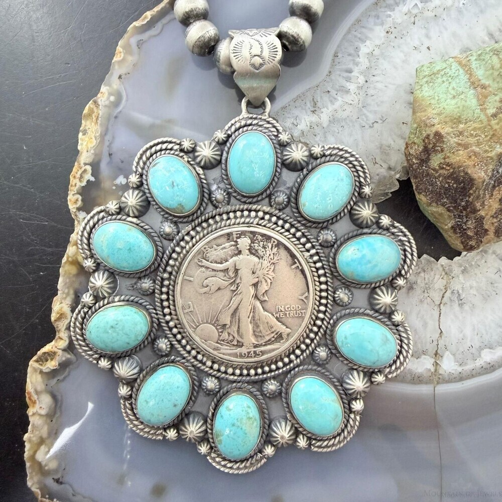 Genuine 1945 90% Silver Walking Liberty Half Dollar Coin w/Turquoise Uni Pendant